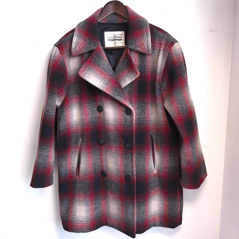 Wool Plaid Peacoat Red Black Double Breasted Six Button Made Bulgaria Size L